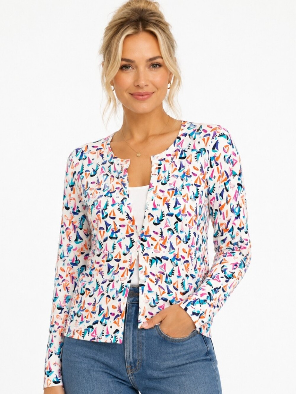 Cable & Gauge White Cardigan with Multicolor Sailboat Print(L)
